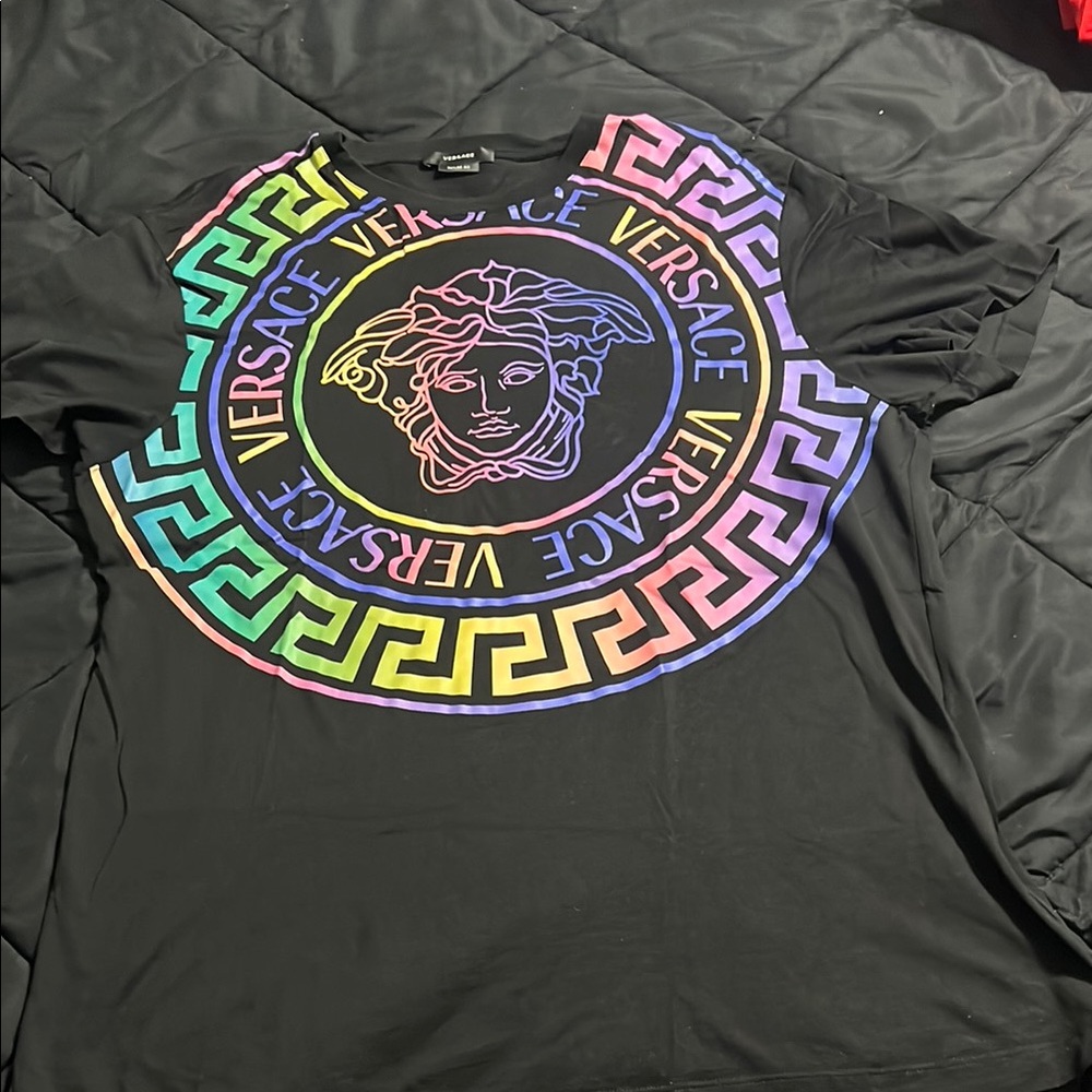 Versace Black Tee with Rainbow Medusa Design